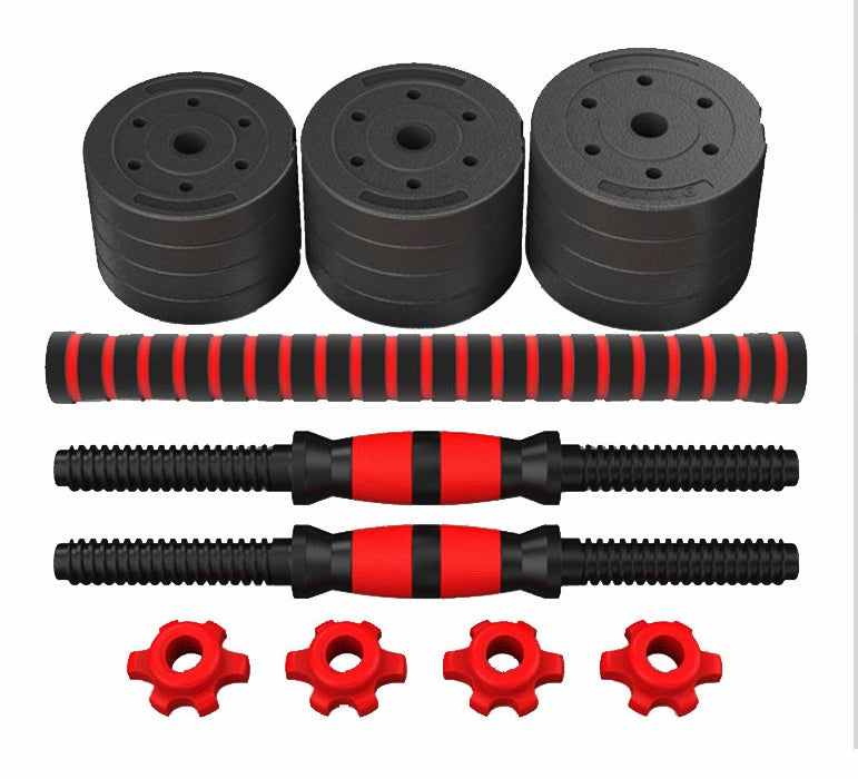 Adjustable, rubber-coated cement dumbbells.