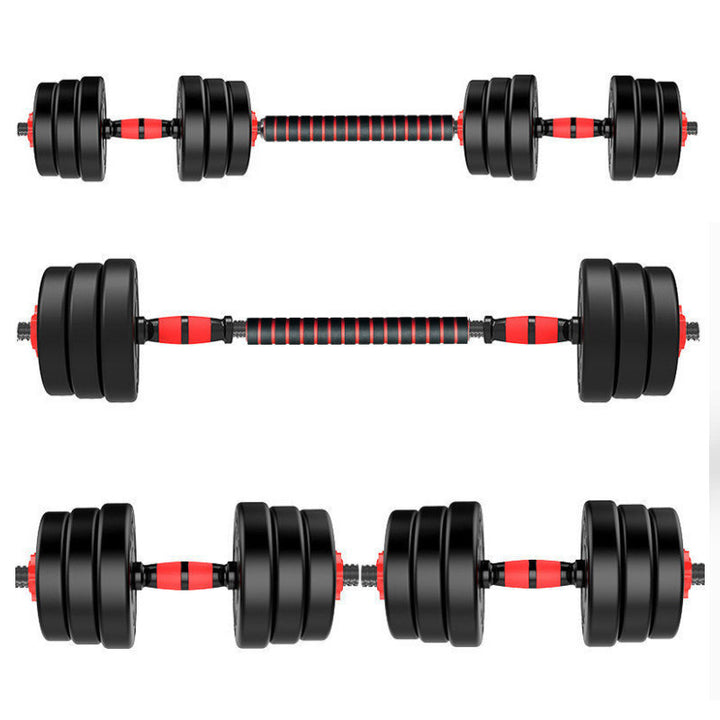 Adjustable, rubber-coated cement dumbbells.