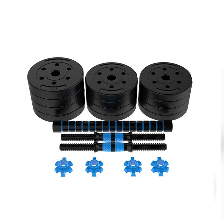 Adjustable, rubber-coated cement dumbbells.