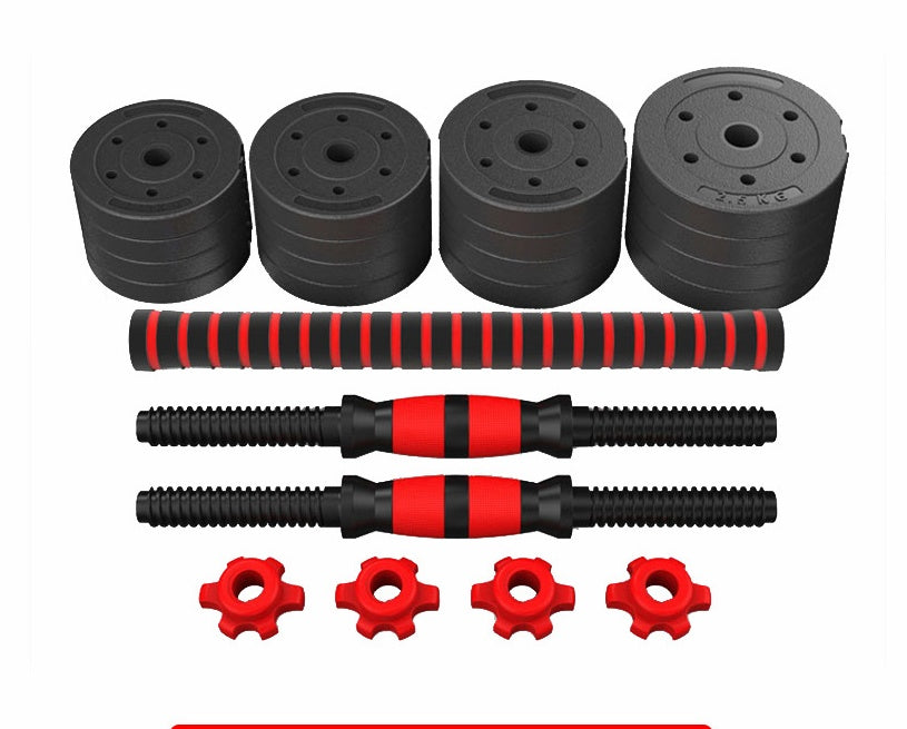 Adjustable, rubber-coated cement dumbbells.