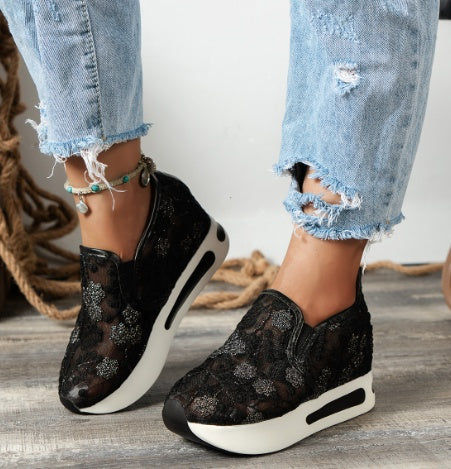 Women's Fashion Lace Mesh Casual High Heel Sneakers