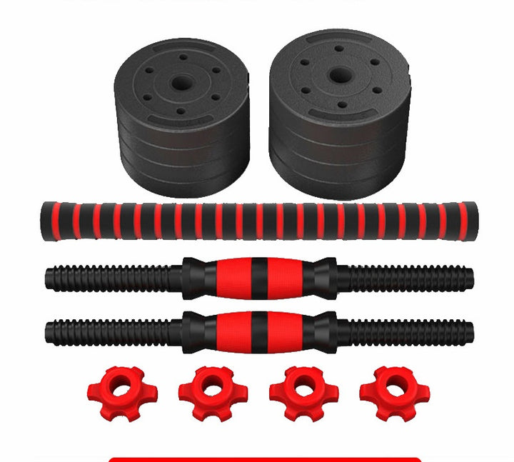 Adjustable, rubber-coated cement dumbbells.