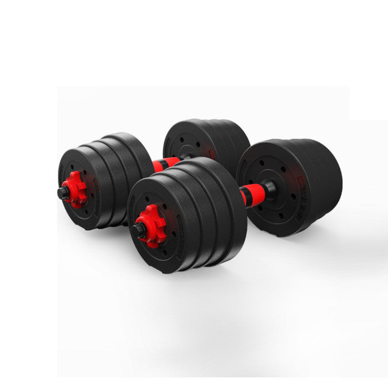 Adjustable, rubber-coated cement dumbbells.