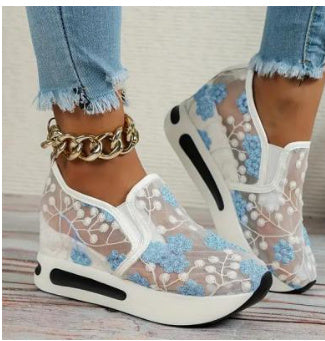 Women's Fashion Lace Mesh Casual High Heel Sneakers