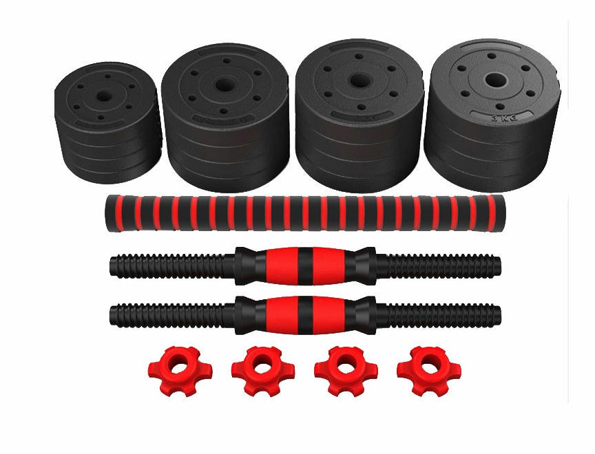 Adjustable, rubber-coated cement dumbbells.